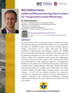 Promotional graphic for an NCIT Webinar Series event titled “InSAR and Photomonitoring: New Frontiers for Transportation Asset Monitoring,” featuring Dr. Paolo Mazzanti of Sapienza University of Rome. The webinar is scheduled for May 20, 2026, from 11:30 a.m. to 12:30 p.m. CDT, and focuses on using remote sensing technologies like InSAR to monitor transportation infrastructure and detect geohazards.